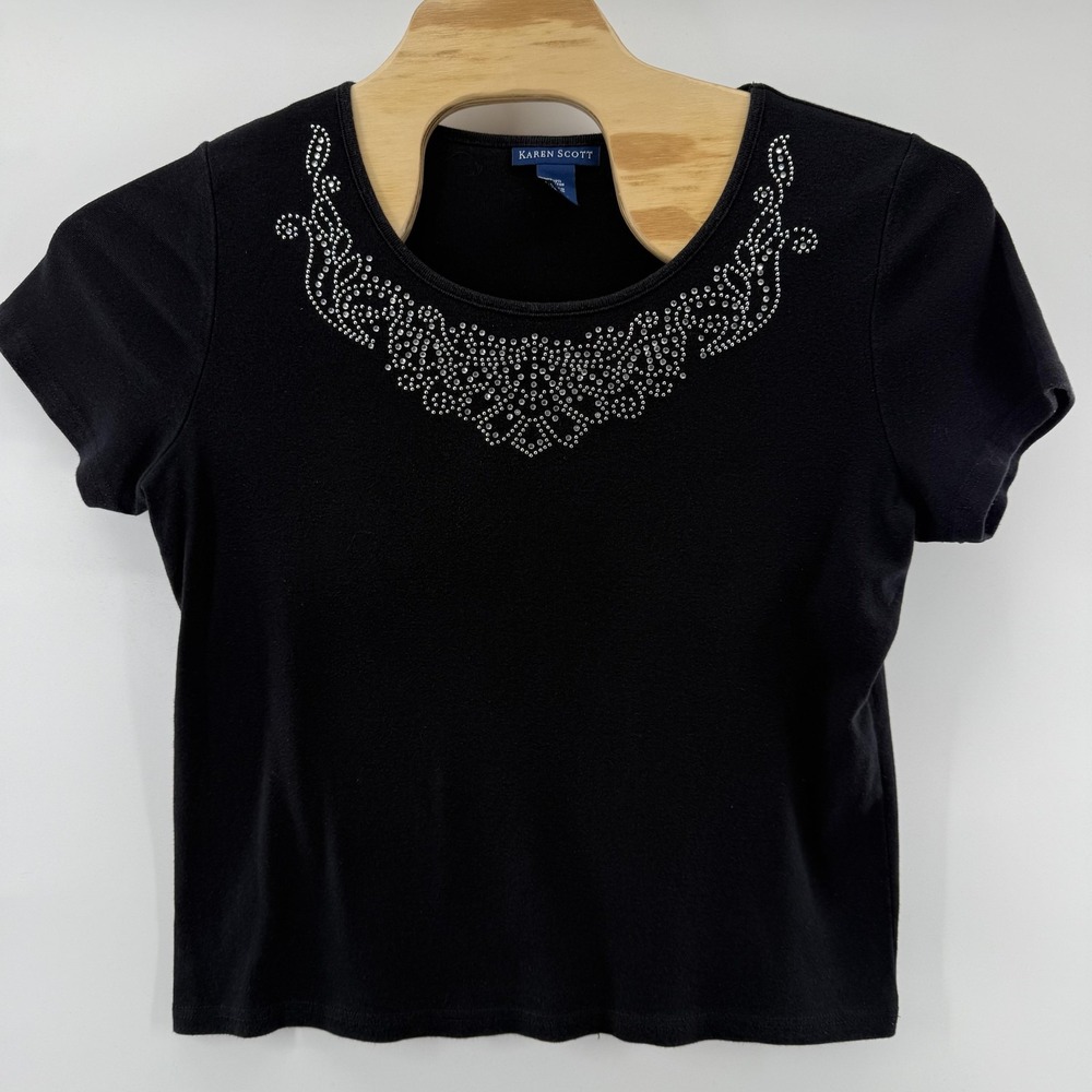 Karen Scott Shirt Womens Large Black Short Sleeve Studded Embellished Cotton Top